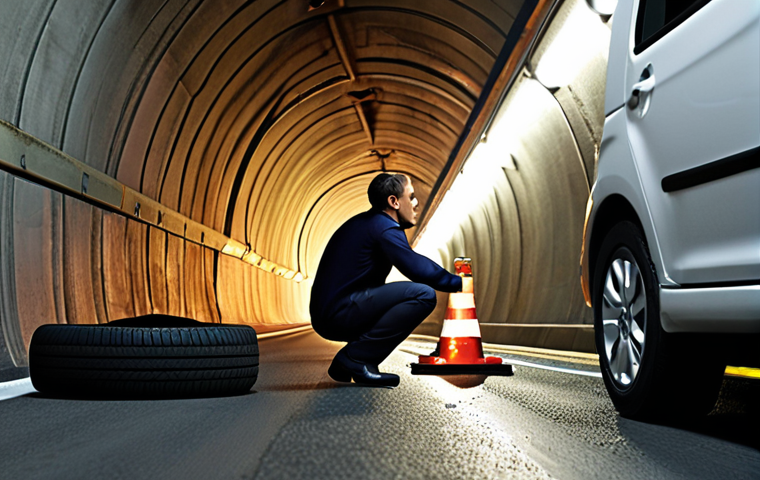 **Image Prompt:** A driver calmly assessing the situation after a flat tire in a tunnel, activating hazard lights, with a focus on tunnel safety procedures.