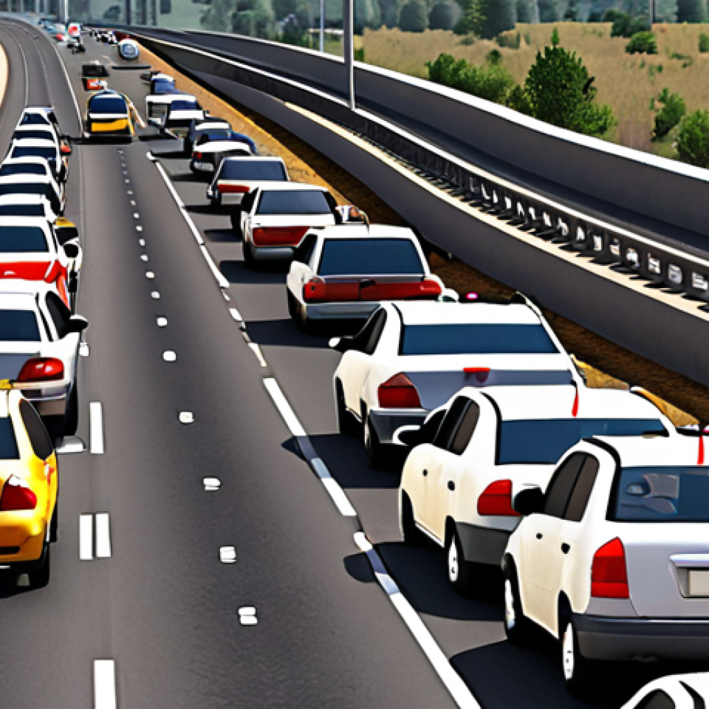 **Prompt:** Wrecked cars on a busy highway after an accident. Emergency lights flashing, reflective vests worn by people. Focus on safety and securing the area. Daytime, realistic rendering.