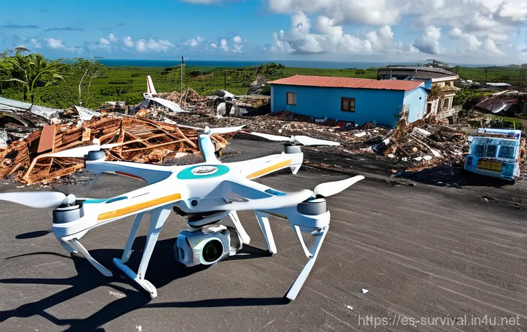 재난 후 복구 작업 - **Prompt: High-Tech Drone Surveying Post-Disaster Landscape**
"A photorealistic, wide-angle shot...
