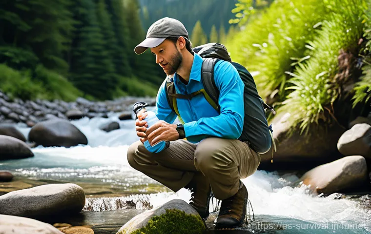 재난 발생 시 물 공급 방법 - An adult person, dressed in practical, modest outdoor clothing (e.g., a waterproof jacket and trouse...