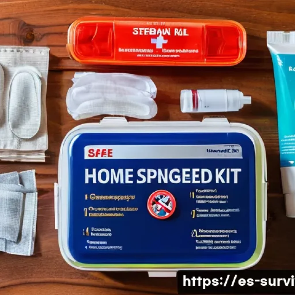 생존용 의약품 목록 - A well-organized first aid kit laid out on a wooden table, featuring sterile gauze pads, various siz...