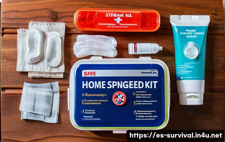 생존용 의약품 목록 - A well-organized first aid kit laid out on a wooden table, featuring sterile gauze pads, various siz...