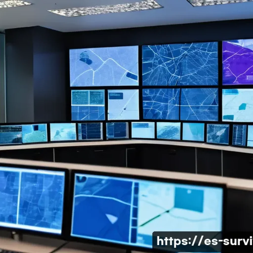국내외 재난 대응 정책 - A high-tech early warning system control room in a modern Latin American city, with large digital ma...