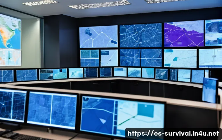 국내외 재난 대응 정책 - A high-tech early warning system control room in a modern Latin American city, with large digital ma...