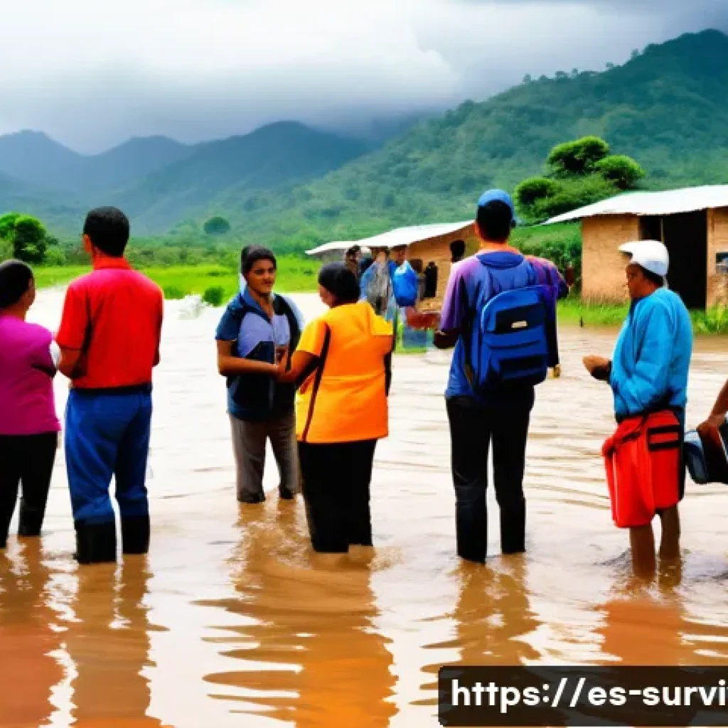 재난 발생 시 긴급 연락망 구축 - A detailed illustration of a rural community emergency communication network in a Latin American vil...