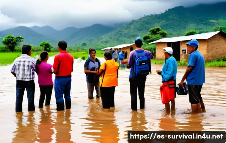 재난 발생 시 긴급 연락망 구축 - A detailed illustration of a rural community emergency communication network in a Latin American vil...