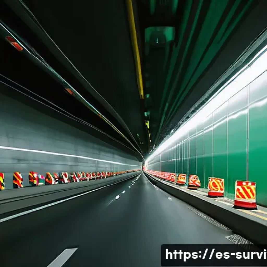 터널 사고 발생 시 대처법 - A detailed scene inside a modern Spanish tunnel showing multiple vehicles slowing down abruptly due ...