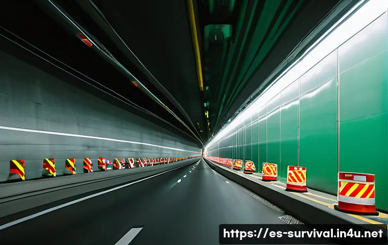 터널 사고 발생 시 대처법 - A detailed scene inside a modern Spanish tunnel showing multiple vehicles slowing down abruptly due ...