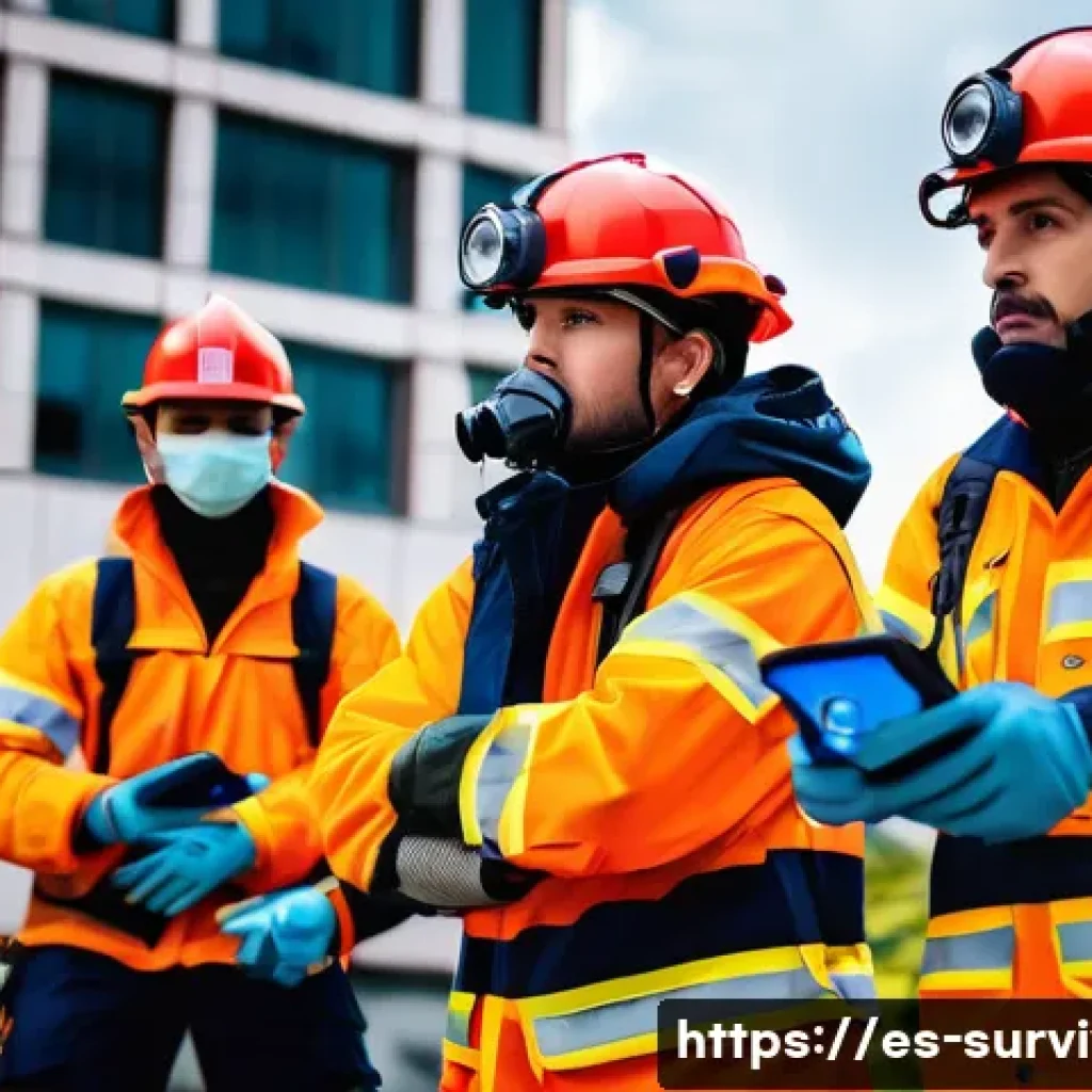 재난 구조대 역할 - A dynamic scene of a diverse team of rescue workers during a high-pressure emergency drill in an urb...