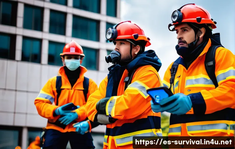 재난 구조대 역할 - A dynamic scene of a diverse team of rescue workers during a high-pressure emergency drill in an urb...