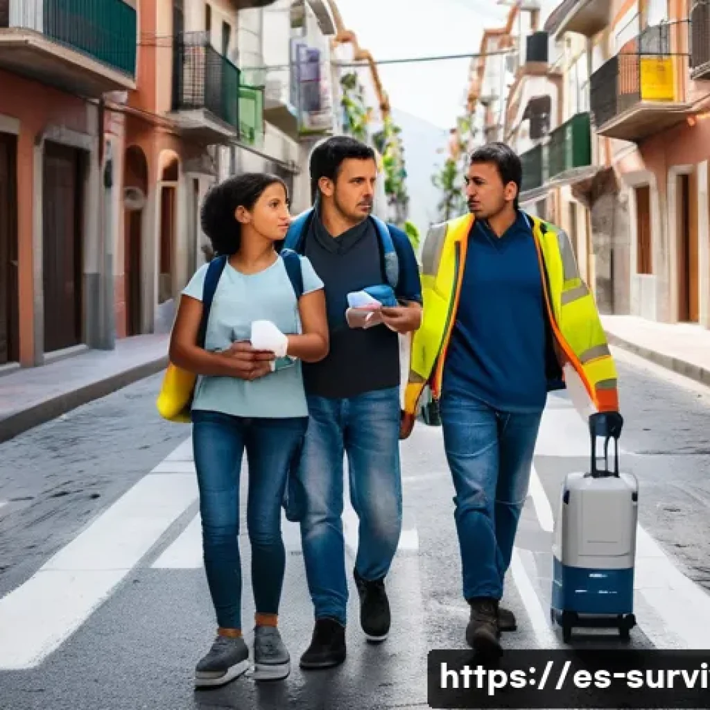 재난 시 위험 지역 탈출 경로 - A detailed urban evacuation scene in a Spanish-speaking city, showing a diverse family wearing casua...