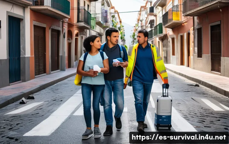 재난 시 위험 지역 탈출 경로 - A detailed urban evacuation scene in a Spanish-speaking city, showing a diverse family wearing casua...