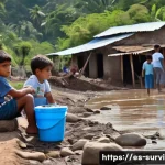 Home 22 재난 발생 시 전염병 예방 - A rural Latin American community after a natural disaster, families collecting water from a contamin...