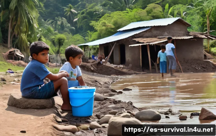 재난 발생 시 전염병 예방 - A rural Latin American community after a natural disaster, families collecting water from a contamin...