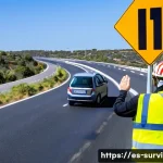 Home 21 교통사고 발생 시 긴급 대응법 - A detailed roadside scene of a traffic accident in a busy Spanish highway during daylight, showing a...