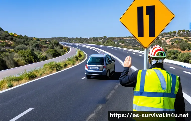 교통사고 발생 시 긴급 대응법 - A detailed roadside scene of a traffic accident in a busy Spanish highway during daylight, showing a...