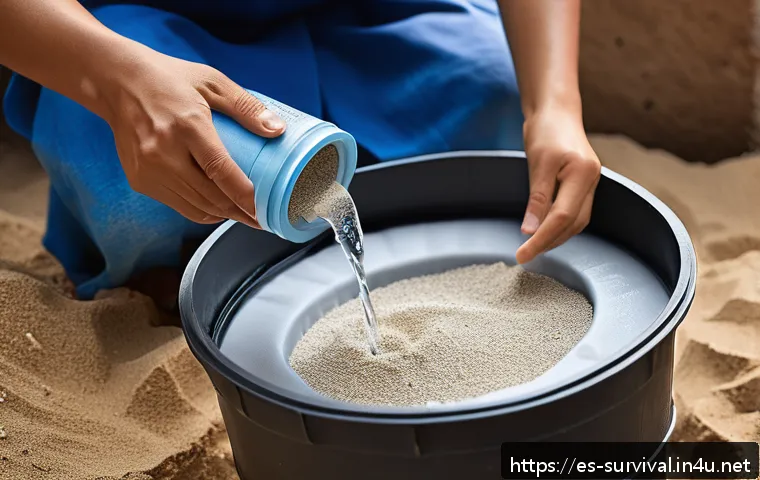 재난 상황에서의 식수 정화법 - A detailed image of a homemade water filtration setup using a clean cotton cloth stretched over a co...