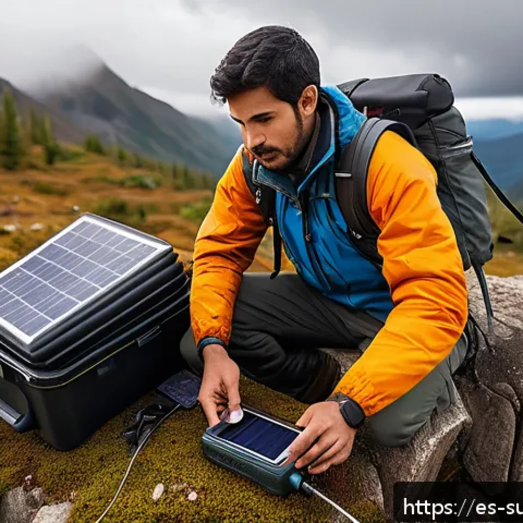 생존용 다용도 도구 추천 - A detailed outdoor emergency communication setup scene featuring a person using a solar-powered shor...