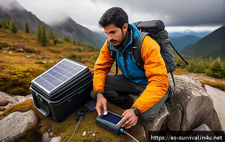 생존용 다용도 도구 추천 - A detailed outdoor emergency communication setup scene featuring a person using a solar-powered shor...