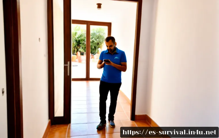 출입문 봉쇄 대처법 - Photorealistic Spanish apartment hallway, calm adult resident standing safely beside a securely bloc...