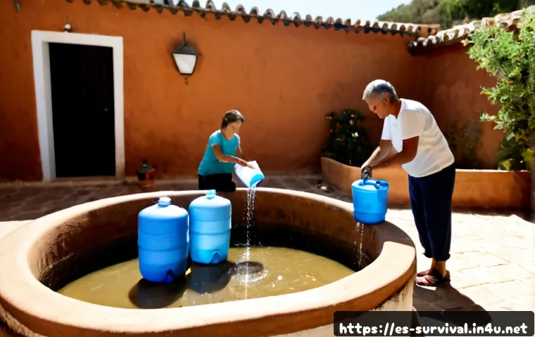 여름철 물 부족 대비 생존법 - Photorealistic summer water shortage preparedness scene in a sunlit rural Spanish courtyard, a middl...