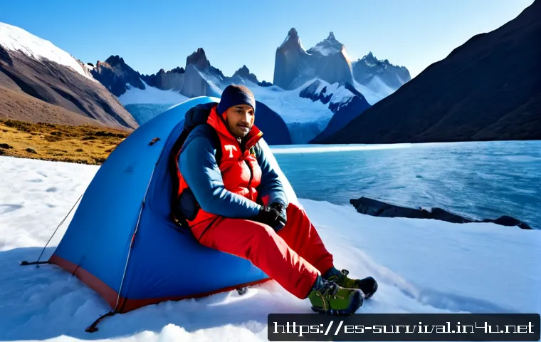 빙하 지역 생존법 - Photorealistic Patagonia glacier survival scene, a fully clothed Hispanic hiker in insulated red win...